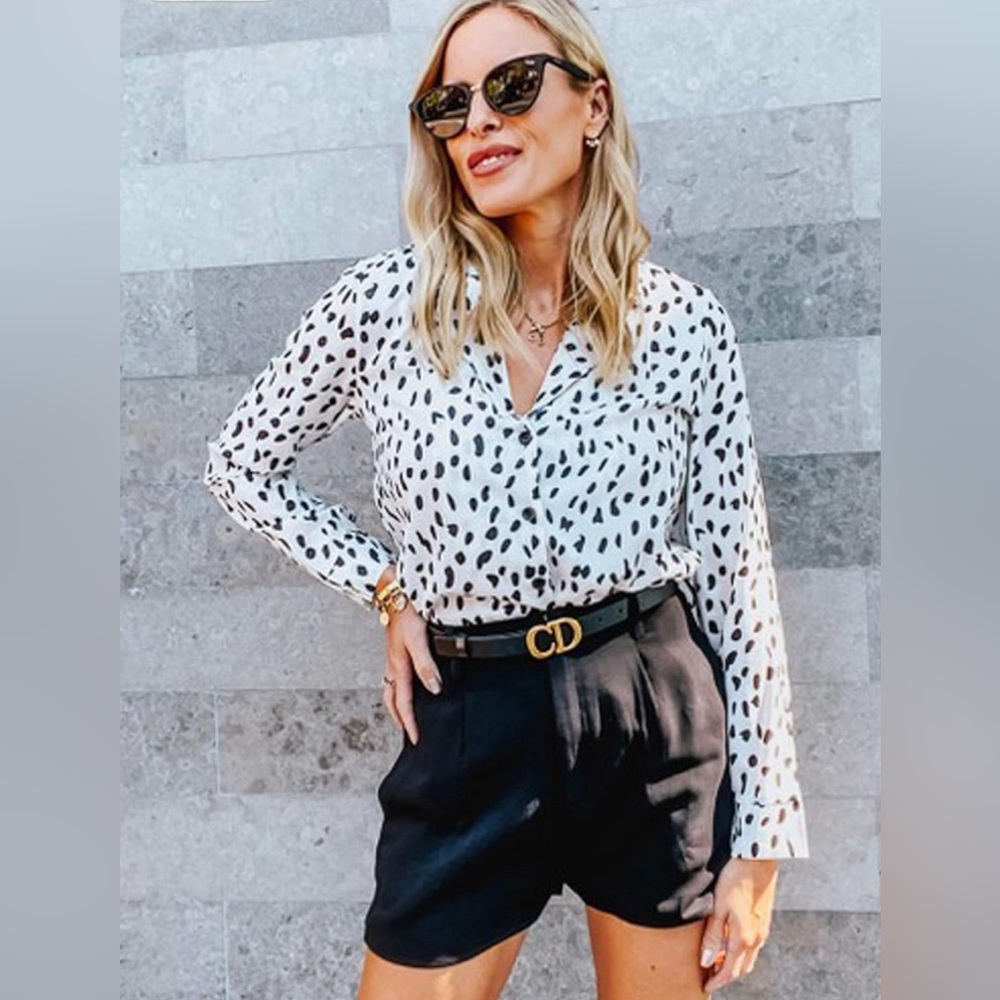 ECOWISH Women Sz S White Black Long Sleeve Animal Print Button Up Blouse - Picture 2 of 8
